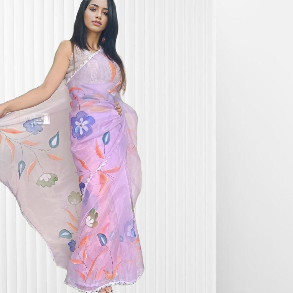 Lavender Organza Hand Painted Saree ReInvent: Affordable Hand-Painted Designer Sarees