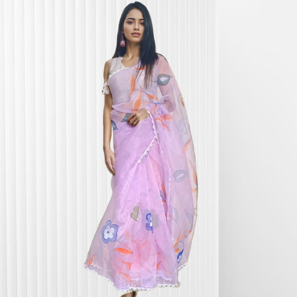 Lavender Organza Hand Painted Saree ReInvent: Affordable Hand-Painted Designer Sarees