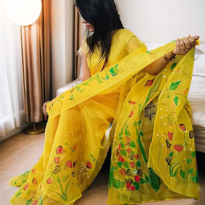 Hand Painted Yellow Organza Saree My Store