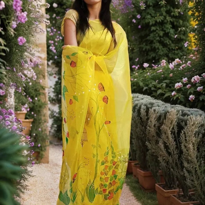 Hand Painted Yellow Organza Saree My Store