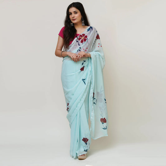 Hand Painted Light Blue Georgette Saree My Store