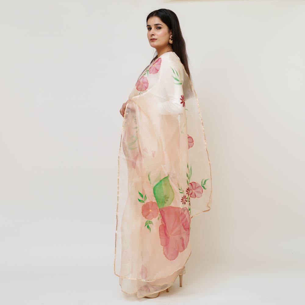 Pink Organza Saree: Hand painted ReInvent: Affordable Hand-Painted Designer Sarees