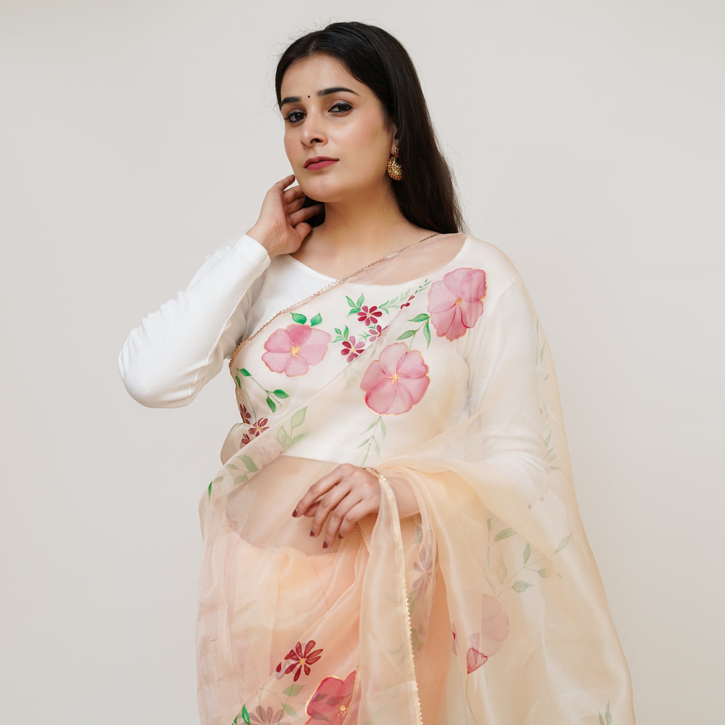 Pink Organza Saree: Hand painted ReInvent: Affordable Hand-Painted Designer Sarees