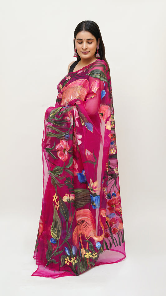 Fuchsia flamingo hand painted saree ReInvent: Affordable Hand-Painted Designer Sarees