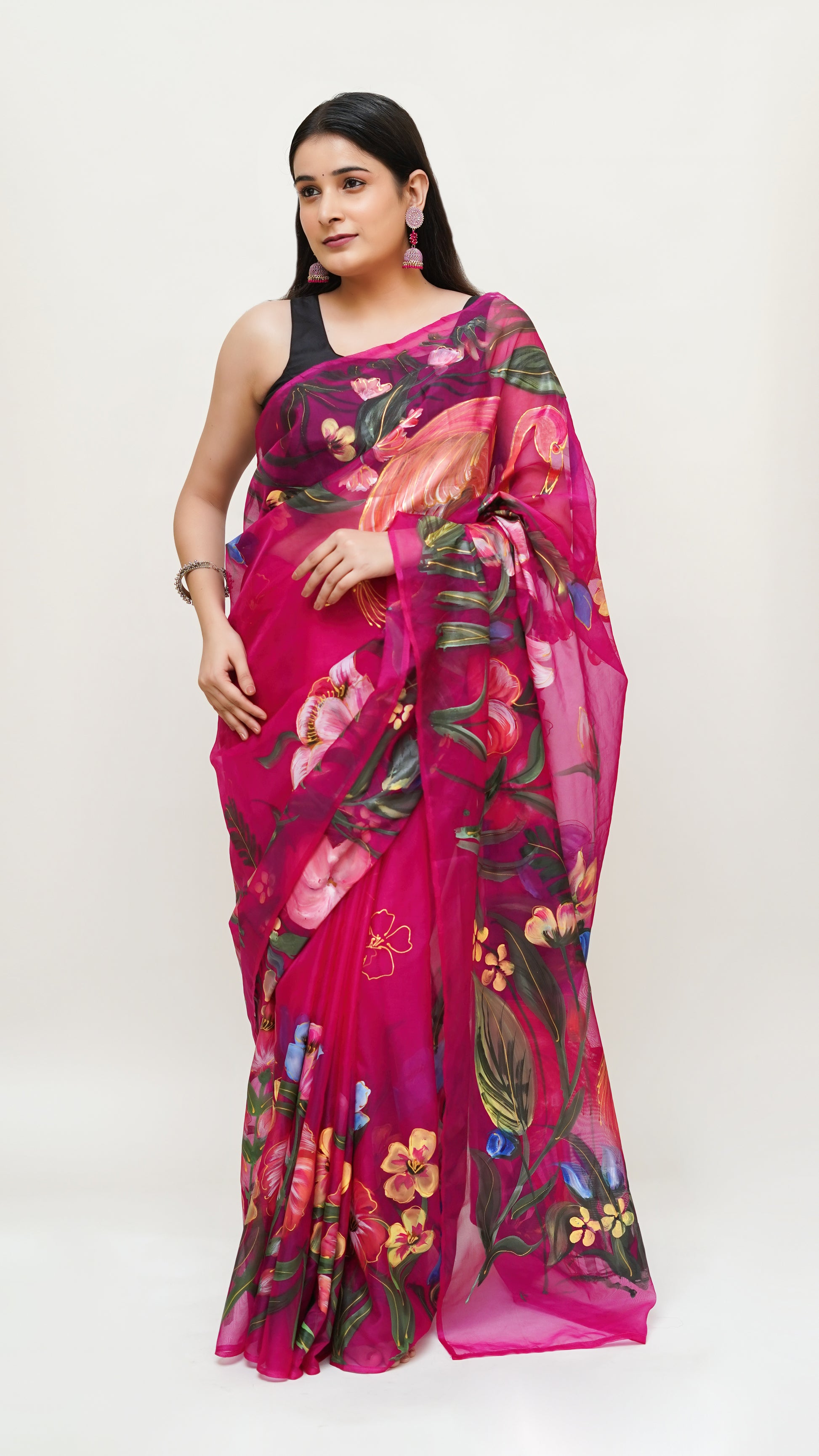 Fuchsia flamingo hand painted saree ReInvent: Affordable Hand-Painted Designer Sarees