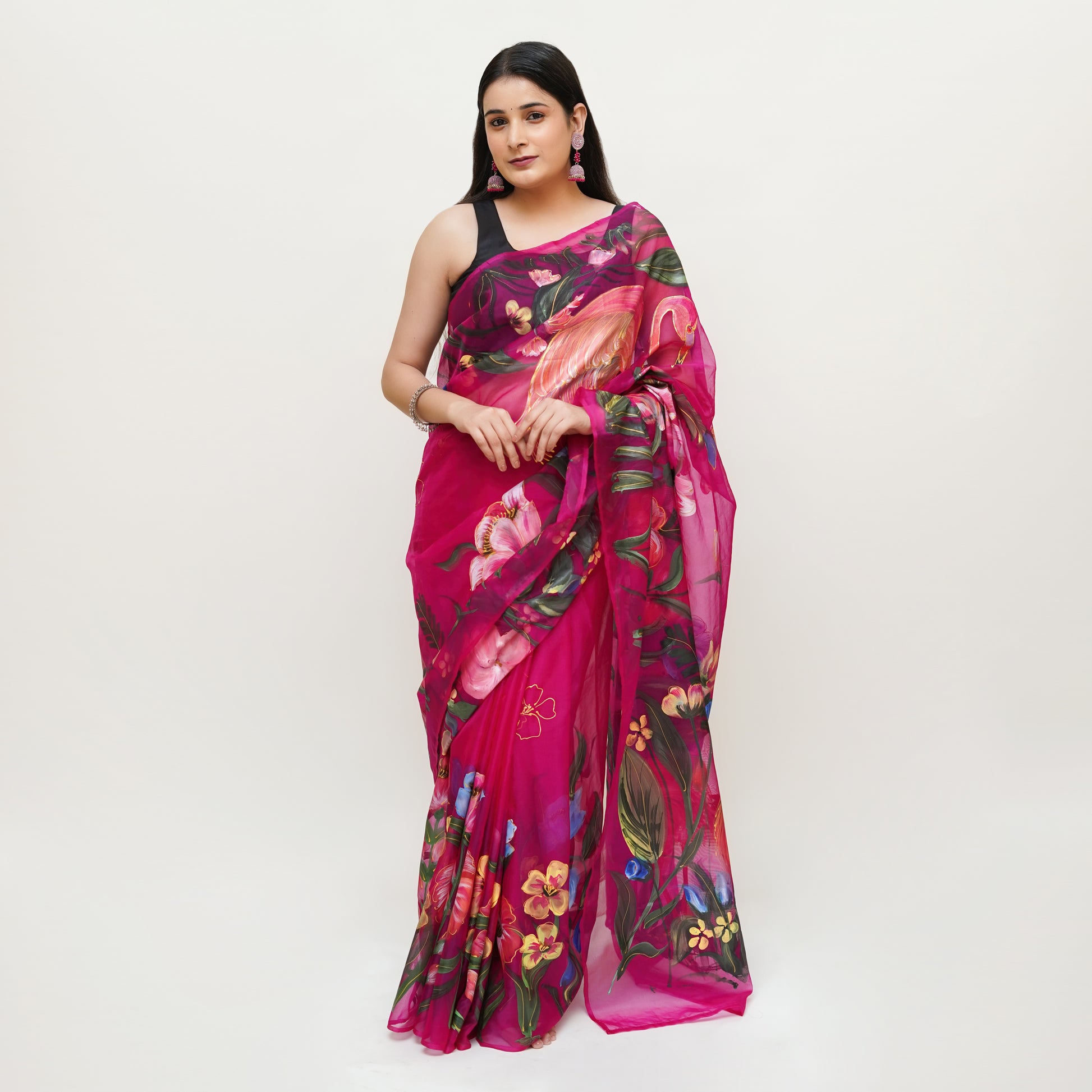 Fuchsia flamingo hand painted saree ReInvent: Affordable Hand-Painted Designer Sarees