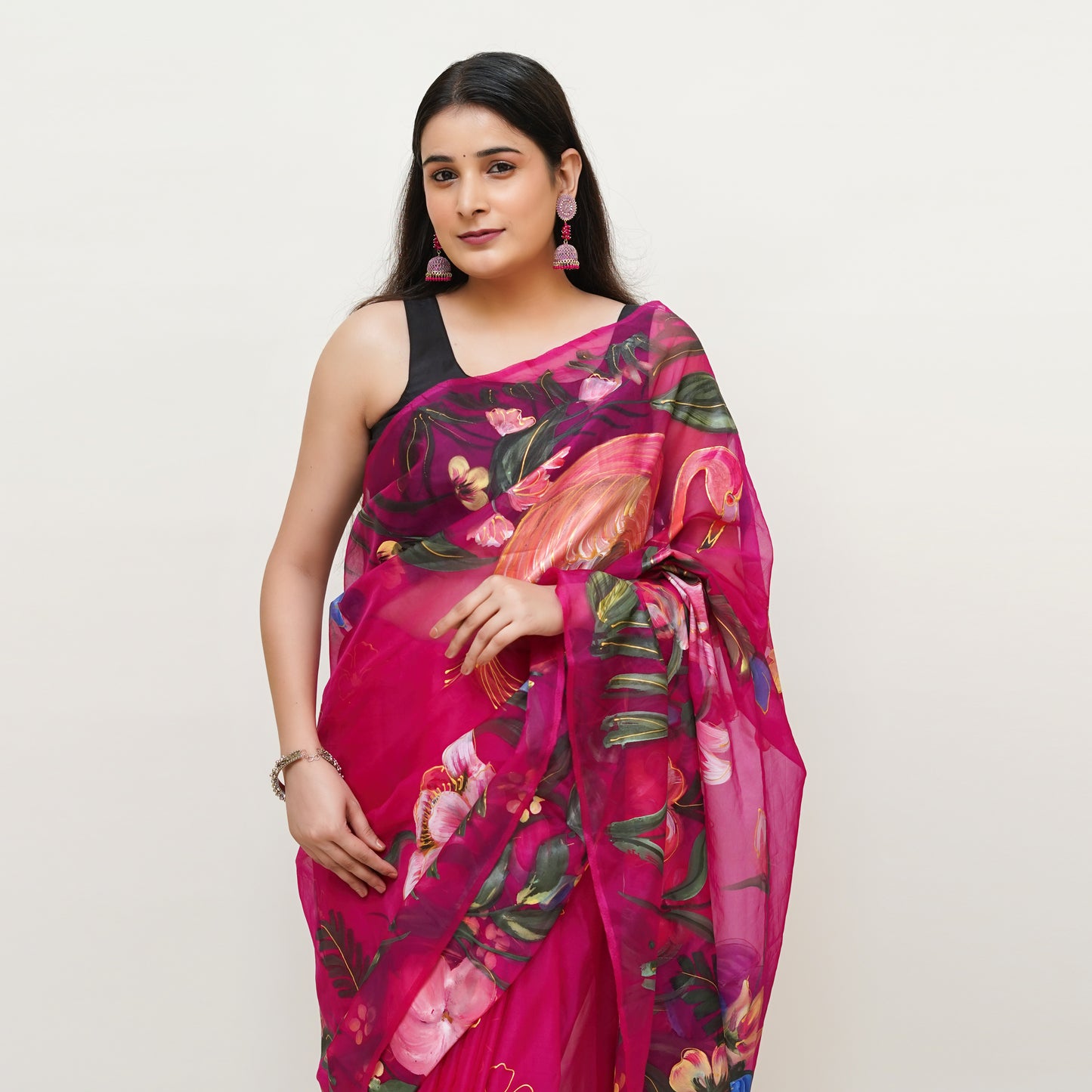 Fuchsia flamingo hand painted saree ReInvent: Affordable Hand-Painted Designer Sarees