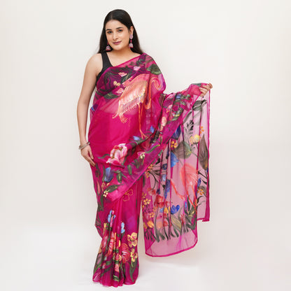 Fuchsia flamingo hand painted saree ReInvent: Affordable Hand-Painted Designer Sarees