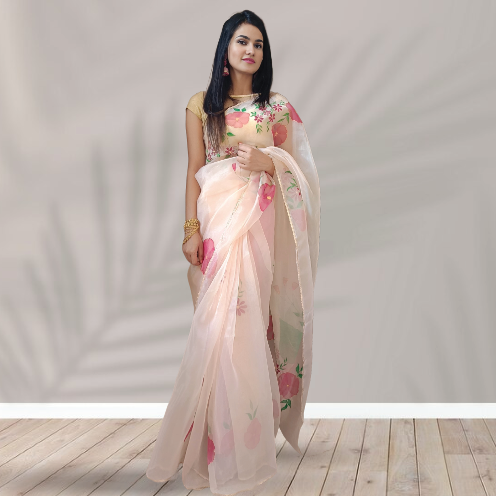 Pink Organza Saree: Hand painted ReInvent: Affordable Hand-Painted Designer Sarees