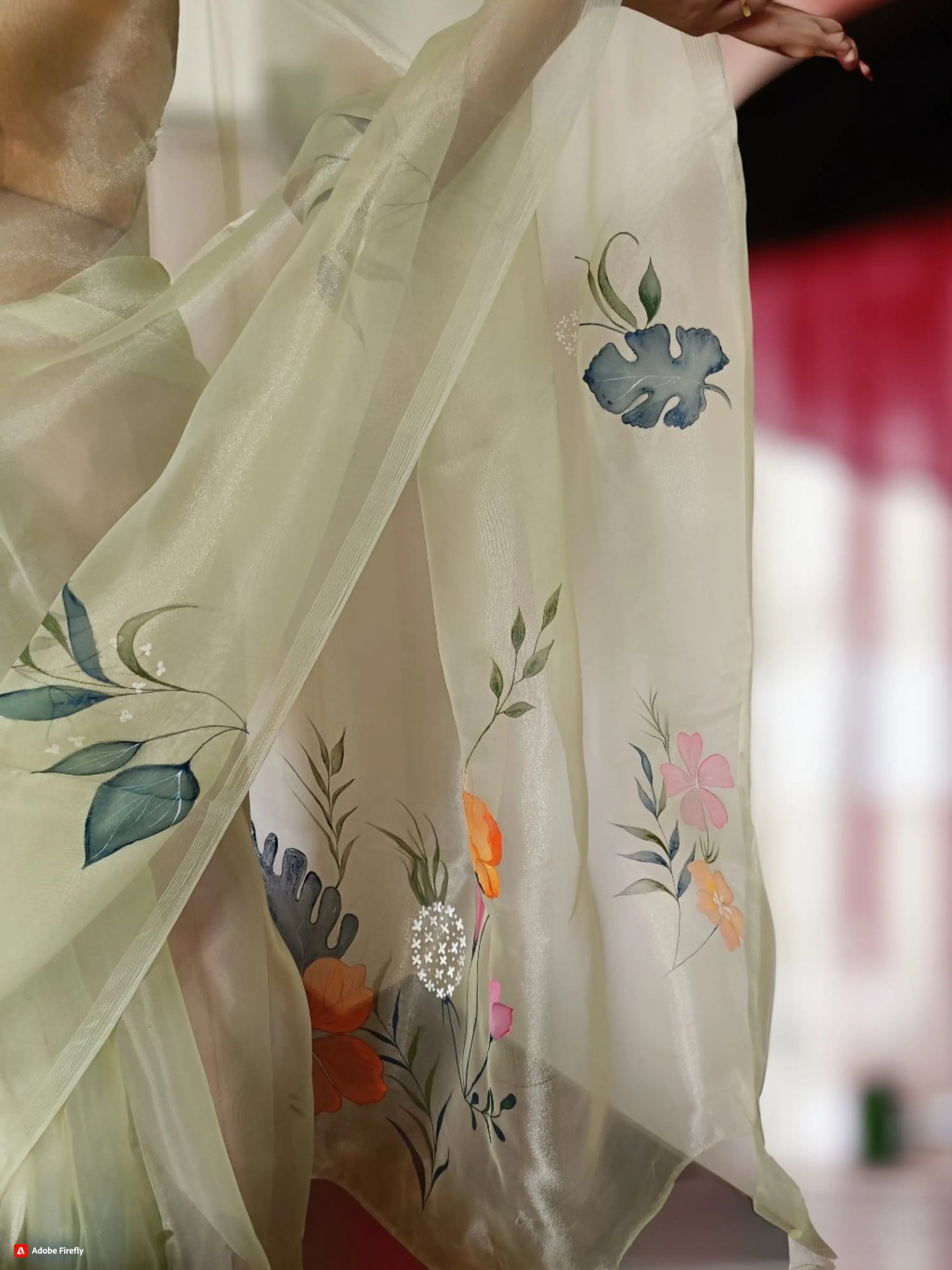 Hand Painted Sea Green Organza Saree My Store