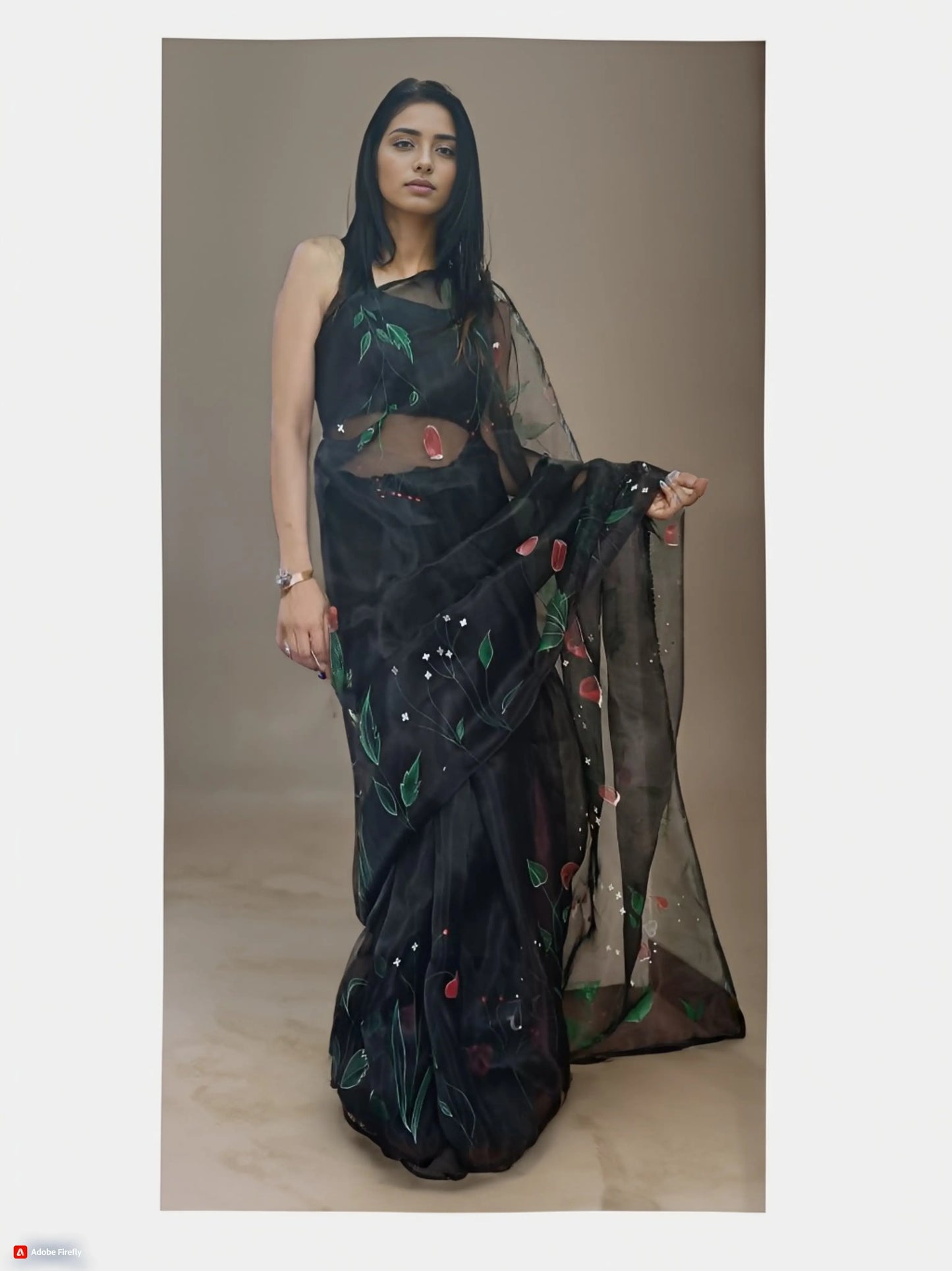 Organza Saree Black: Hand Painted My Store