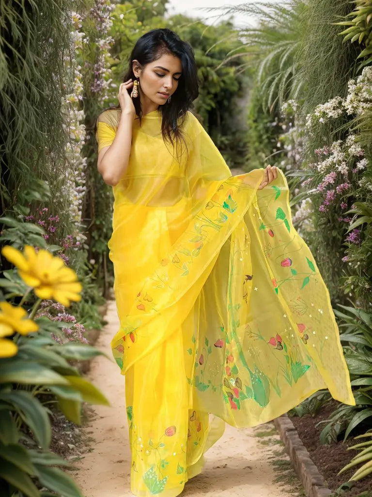 Hand Painted Yellow Organza Saree My Store