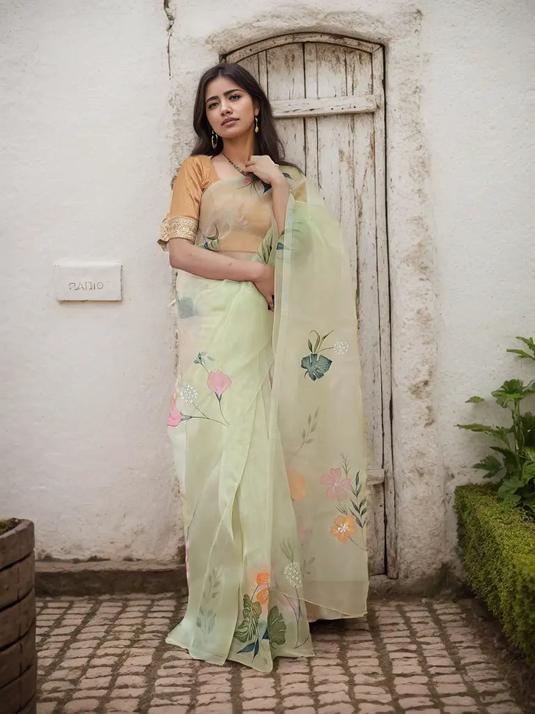 Hand Painted Sea Green Organza Saree My Store