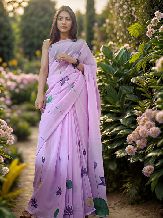 Hand painted Lavender Saree (Georgette) My Store