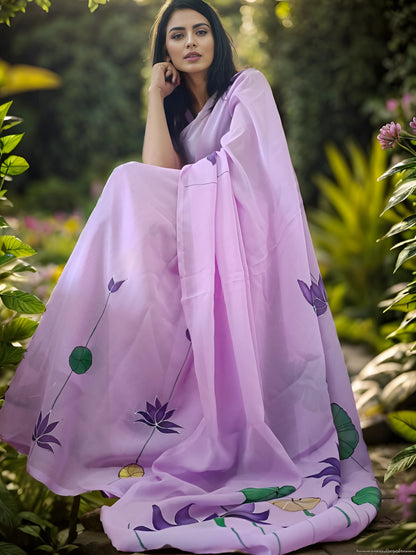 Hand painted Lavender Saree (Georgette) My Store