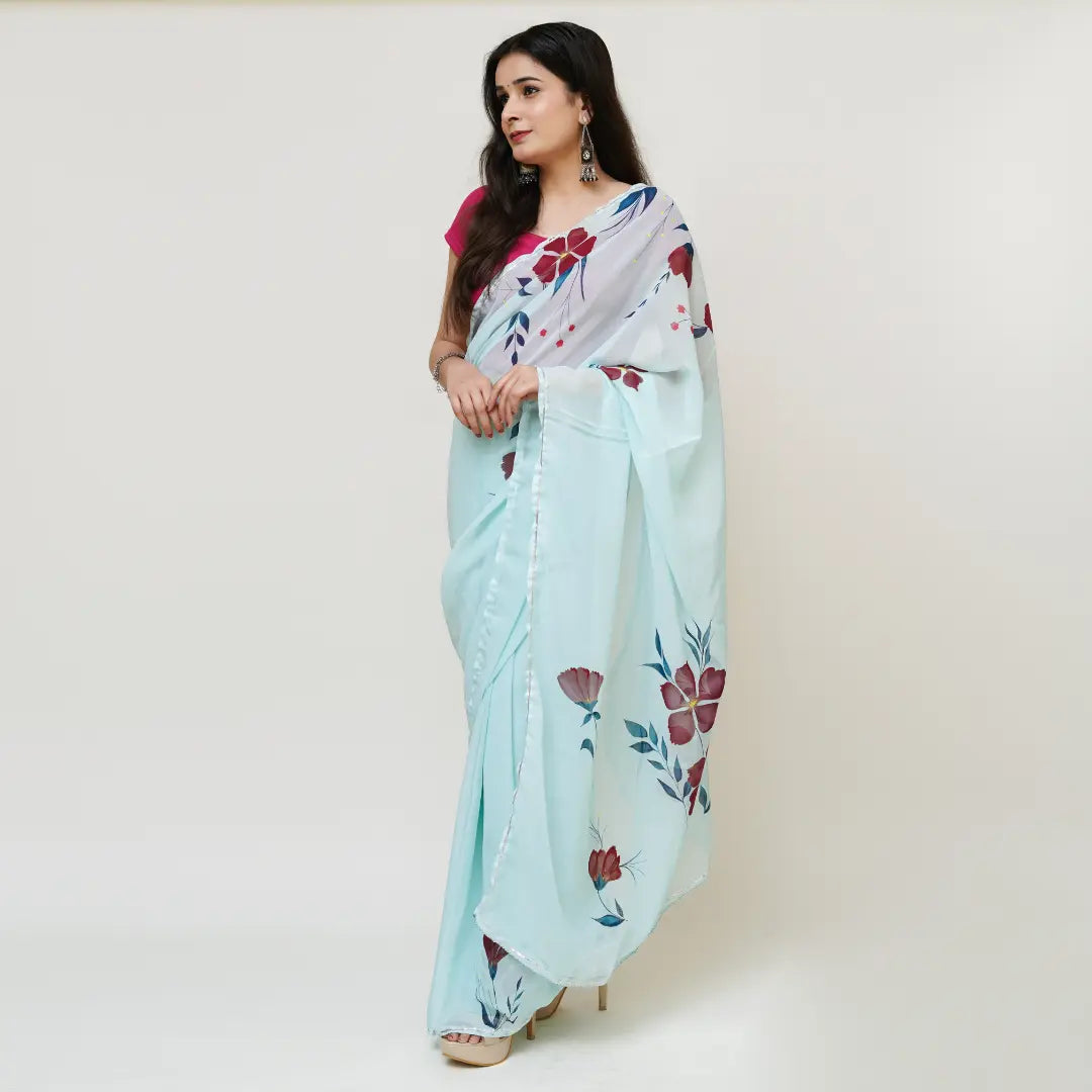 Hand Painted Light Blue Georgette Saree My Store