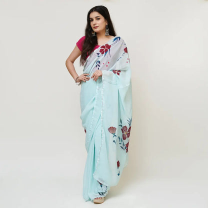 Hand Painted Light Blue Georgette Saree My Store