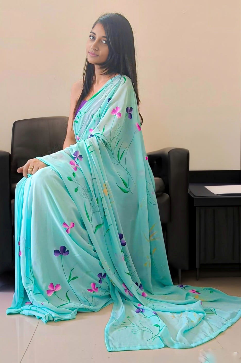 Light Blue Hand Painted Georgette Saree ReInvent: Affordable Hand-Painted Designer Sarees