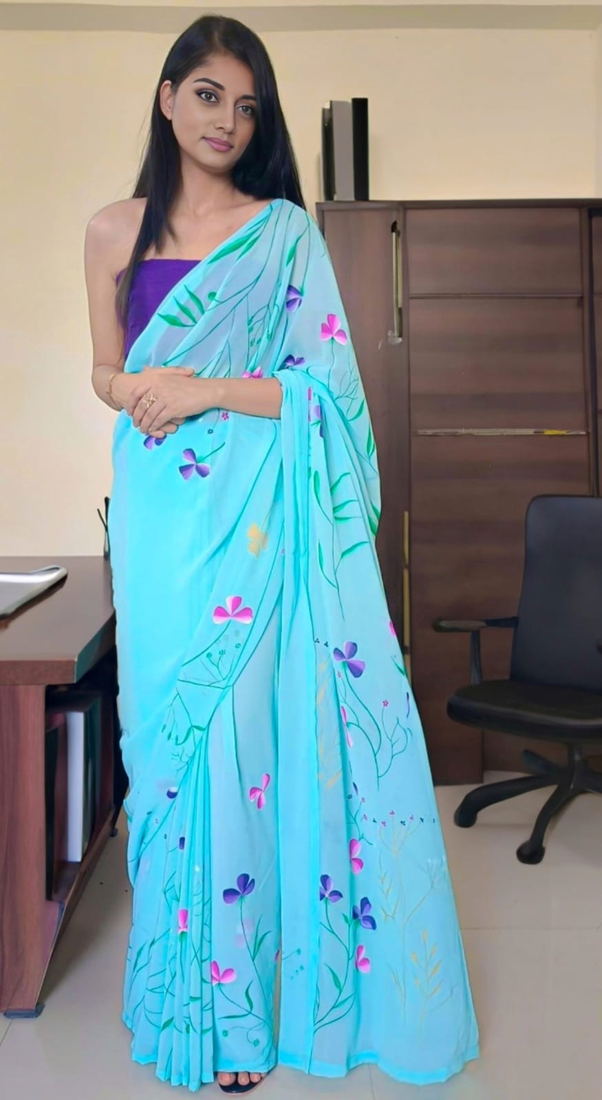 Light Blue Hand Painted Georgette Saree ReInvent: Affordable Hand-Painted Designer Sarees