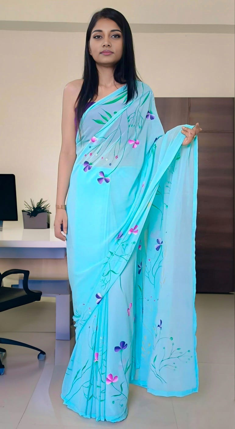 Light Blue Hand Painted Georgette Saree ReInvent: Affordable Hand-Painted Designer Sarees