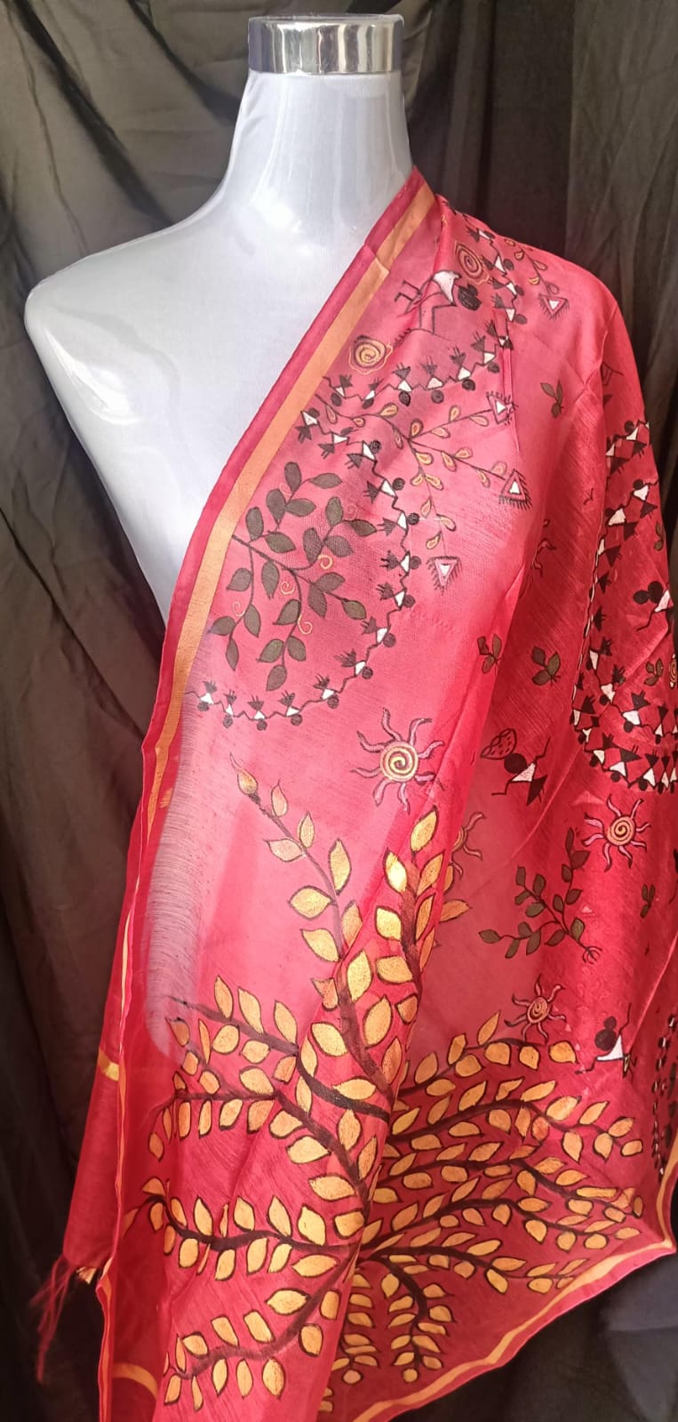 Hand Painted Dupatta - Worli Art ReInvent: Affordable Hand-Painted Designer Sarees