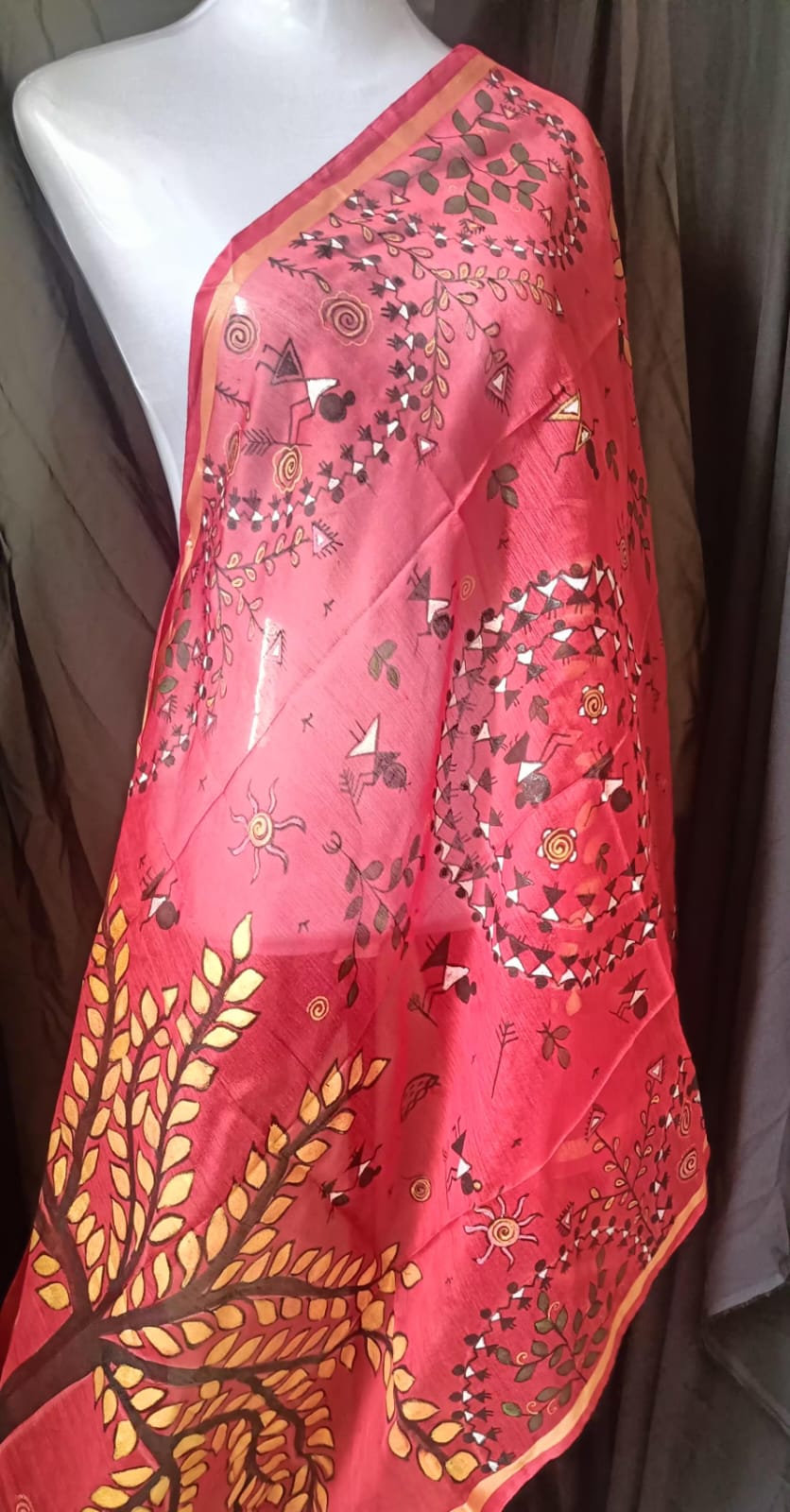 Hand Painted Dupatta - Worli Art ReInvent: Affordable Hand-Painted Designer Sarees