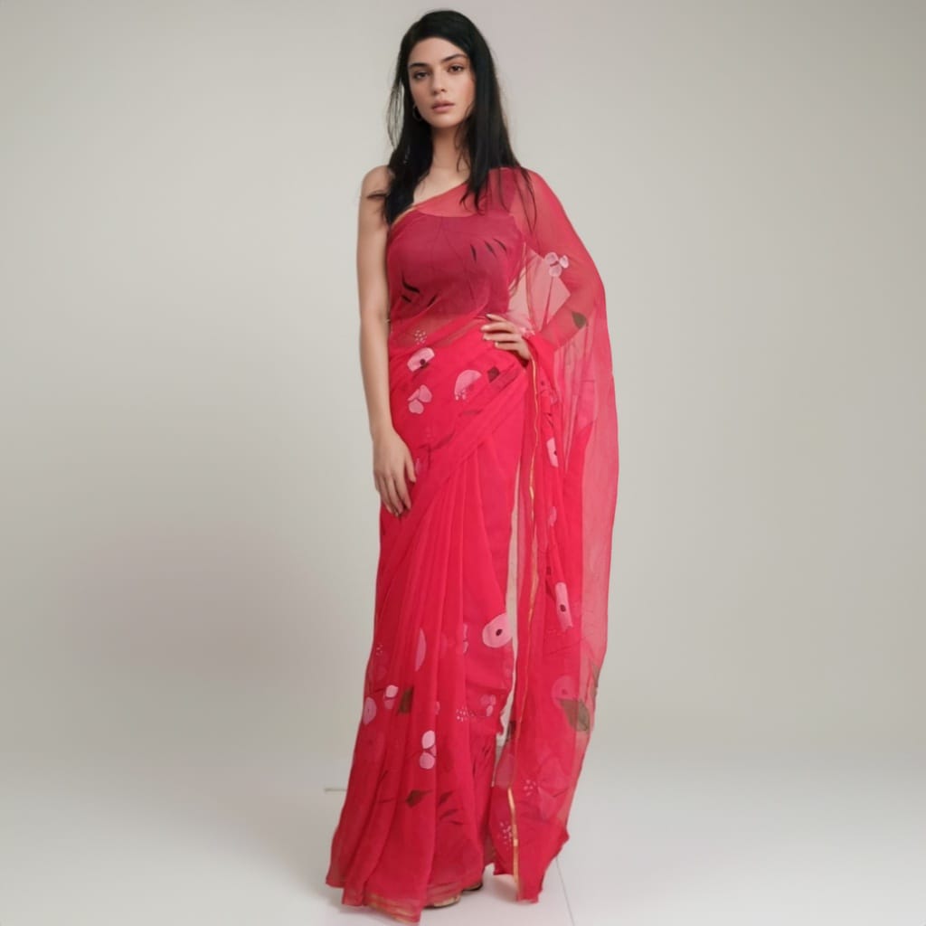 Coral red saree hand painted with floral print ReInvent: Affordable Hand-Painted Designer Sarees