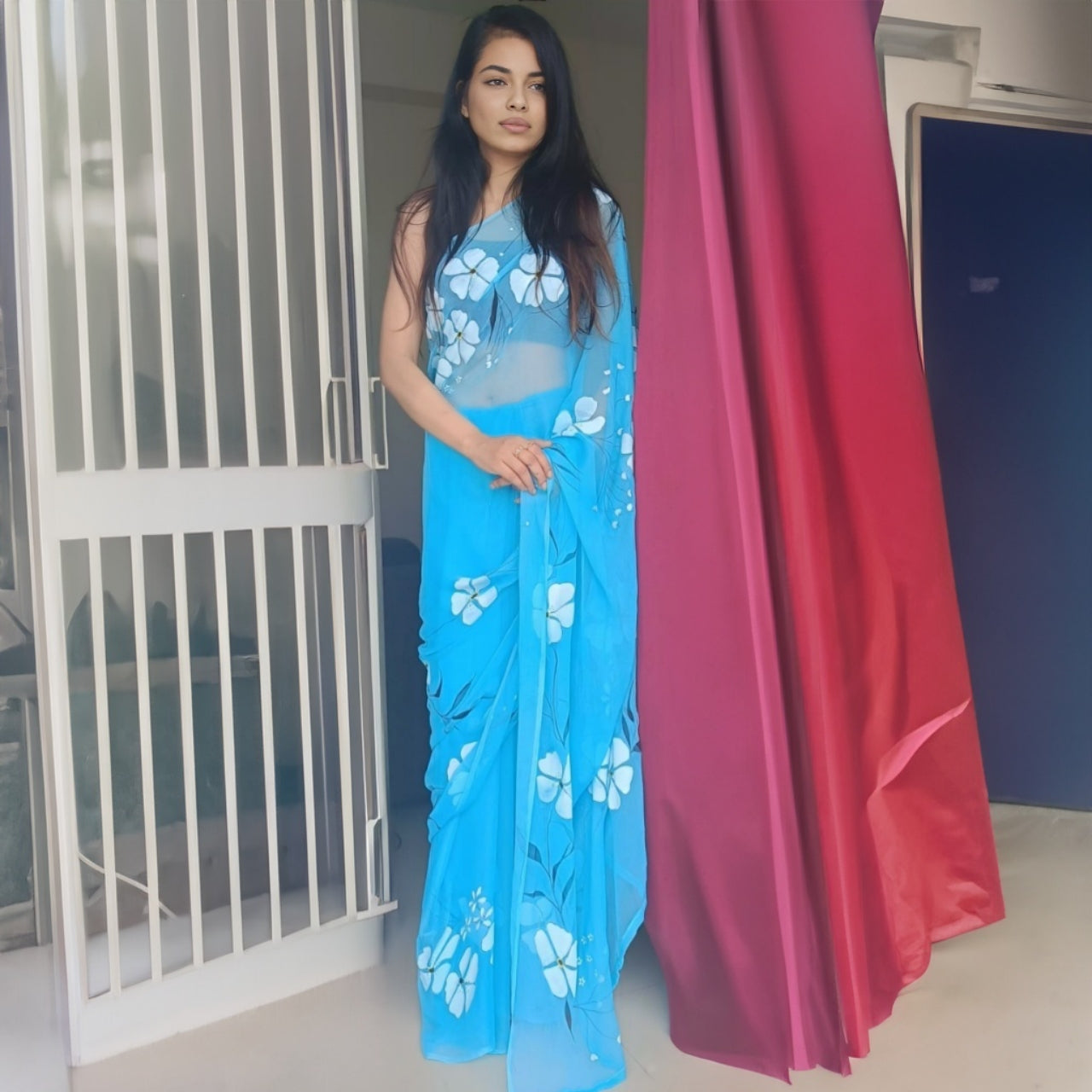 Aqua Blue Hand Painted Saree My Store