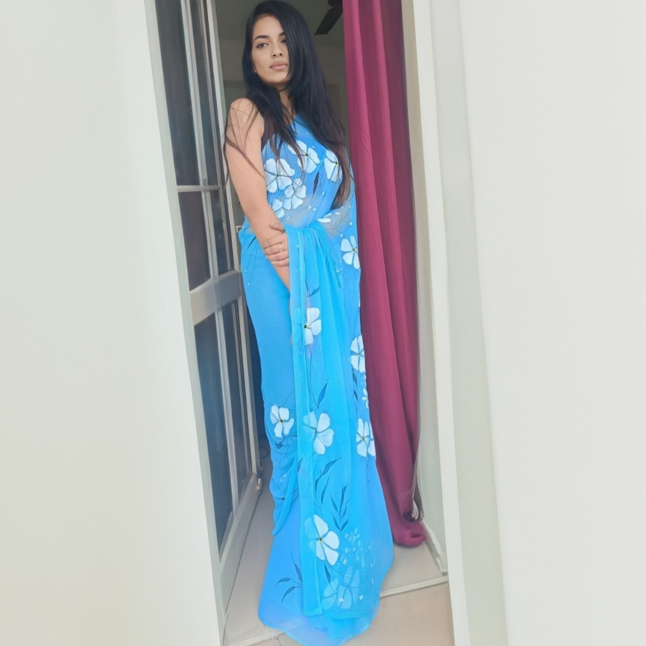 Aqua Blue Hand Painted Saree My Store