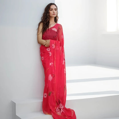 Coral Red floral hand painted saree ReInvent: Affordable Hand-Painted Designer Sarees