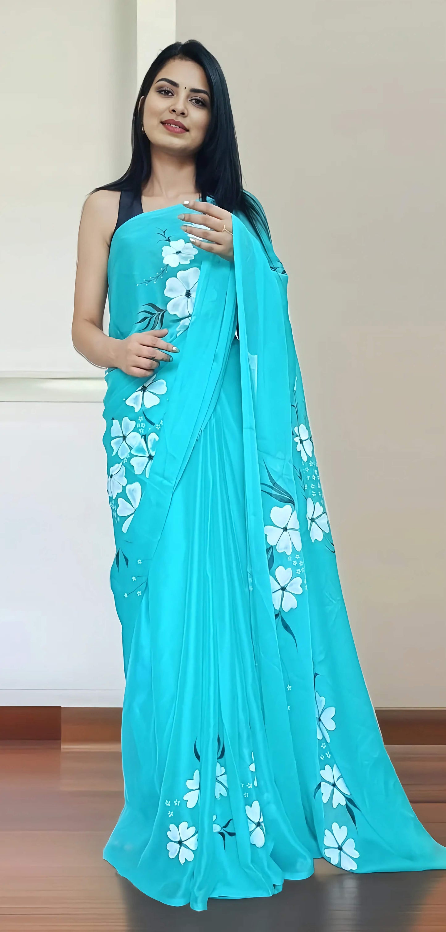 Aqua Colour Hand Painted Saree – Elegant and Unique Designs My Store