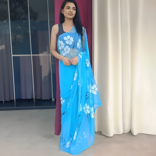 Aqua Blue Hand-Painted Saree with Unstitched Blouse My Store