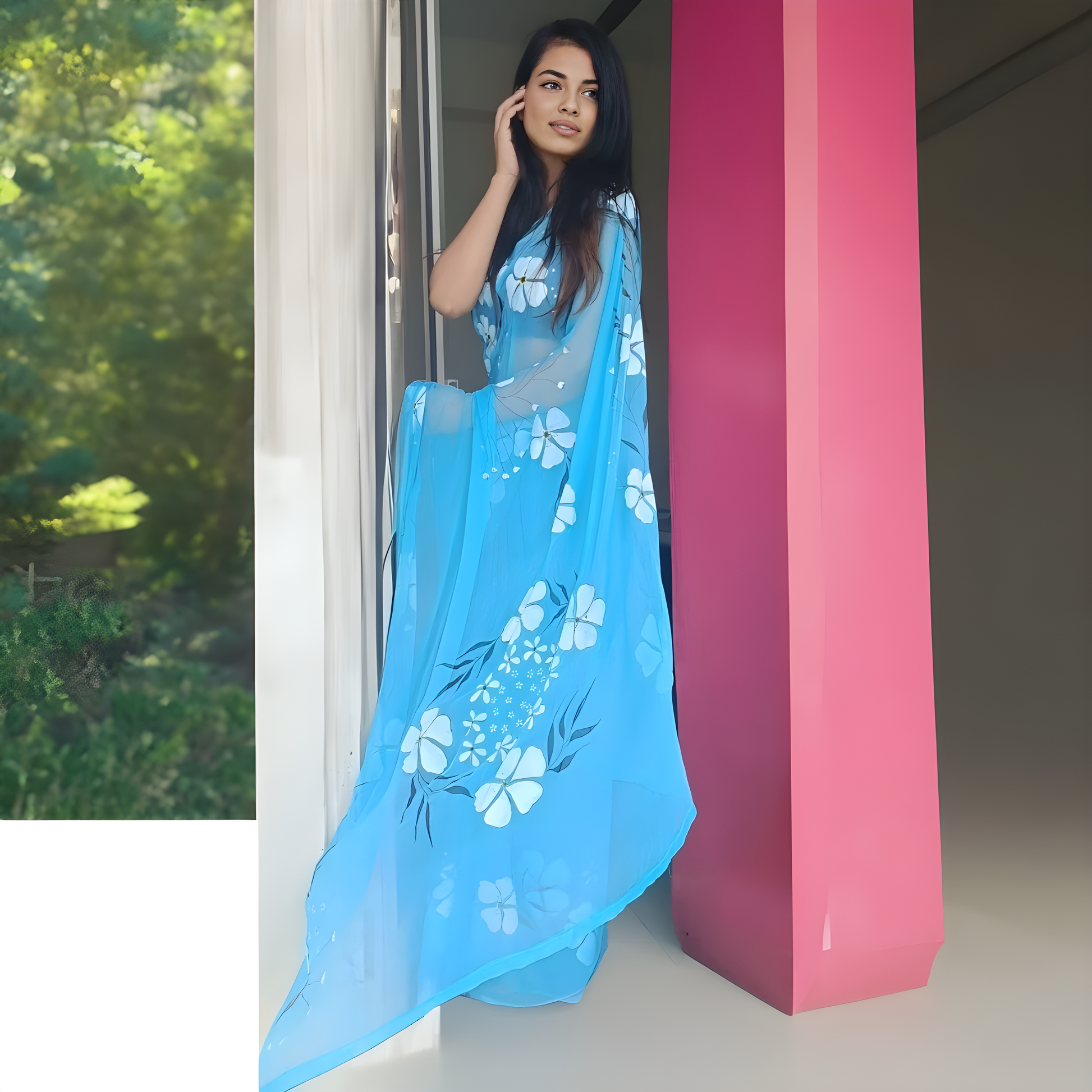 Aqua Blue Hand-Painted Saree with Unstitched Blouse My Store