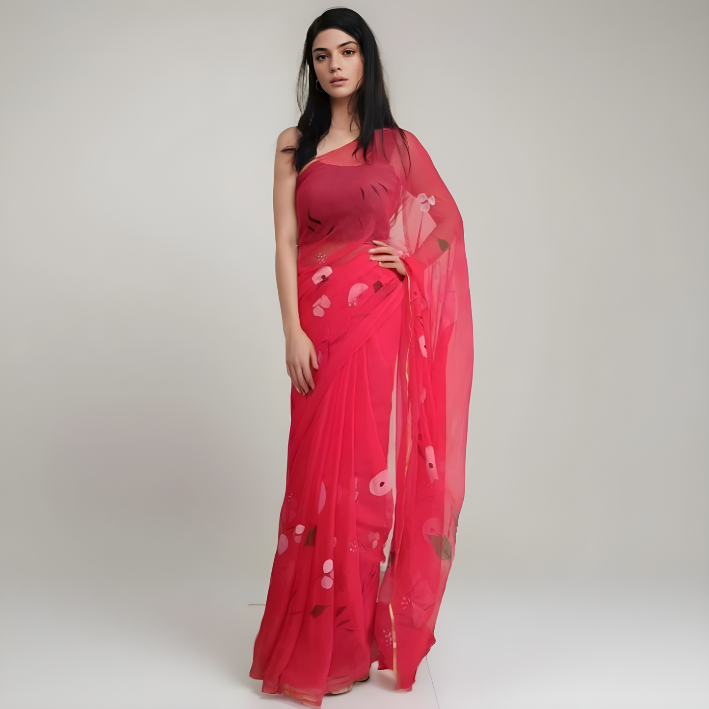 Coral Red floral hand painted saree ReInvent: Affordable Hand-Painted Designer Sarees