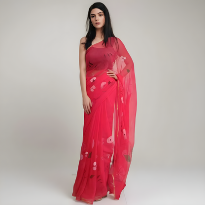 Coral Red floral hand painted saree ReInvent: Affordable Hand-Painted Designer Sarees