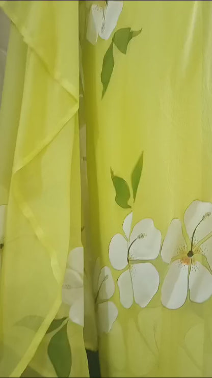 Lime yellow hand Painted Saree