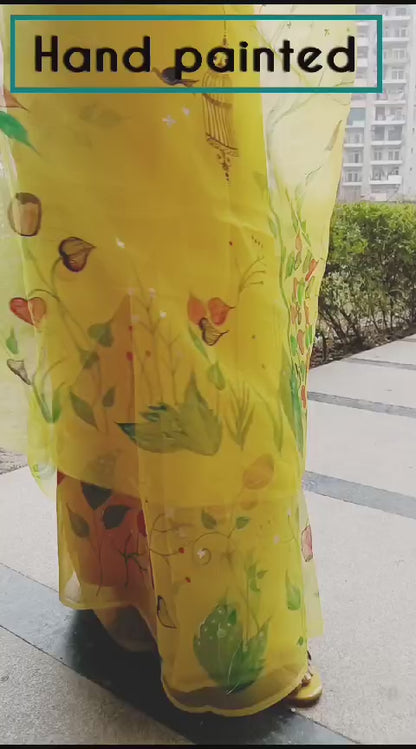 Hand Painted Yellow Organza Saree