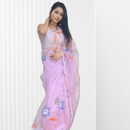 Lavender Organza Hand Painted Saree ReInvent: Affordable Hand-Painted Designer Sarees